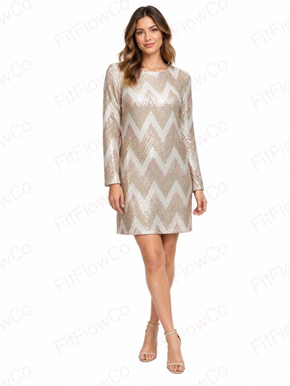 Vince Camuto Metallic Gold Cream Chevron Sequin Dress Size 6